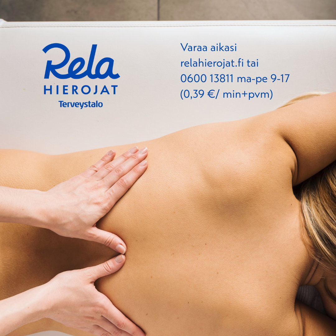 Rela Hierojat -yrityksen mainoskuvassa hieroja hieroo ihmisen selkää. Kuvassa teksti: Varaa aikasi relahierojat.fi tai 0600 13811 ma–pe klo 9–17 (0,39€/min +pvm).