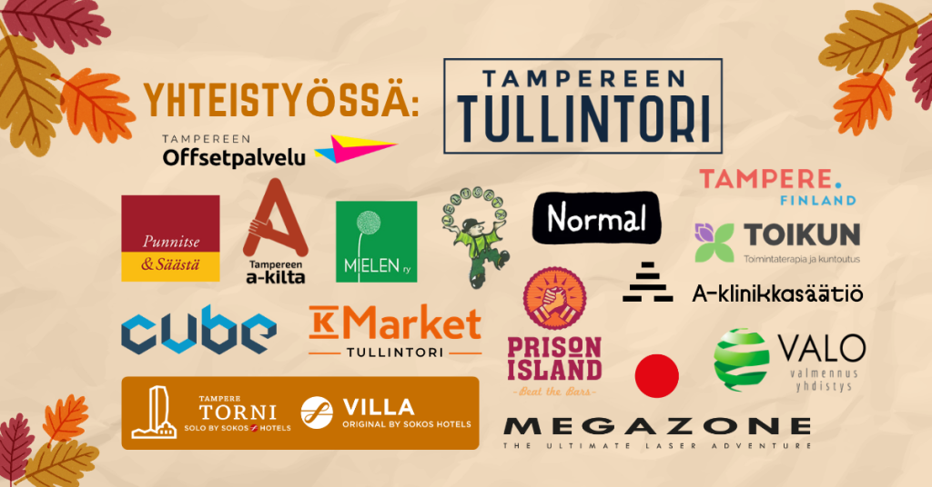 Kuvassa on Tullin talkoot -tapahtuman yhteistyökumppaneiden logoja. Yhteistyökumppanit ovat: Tullintori, A-Klinikkasäätiö, Tampereen kaupunki, Mielen ry, Prison Island, Tampereen A-kilta, lelusetä, Punnitse ja säästä, Cube, Normal, Valo valmennus, Tampereen Offsetpalvelu, K-Market Tullintori, Toikun, Megazone, Sokos hotellit Torni ja Villa.